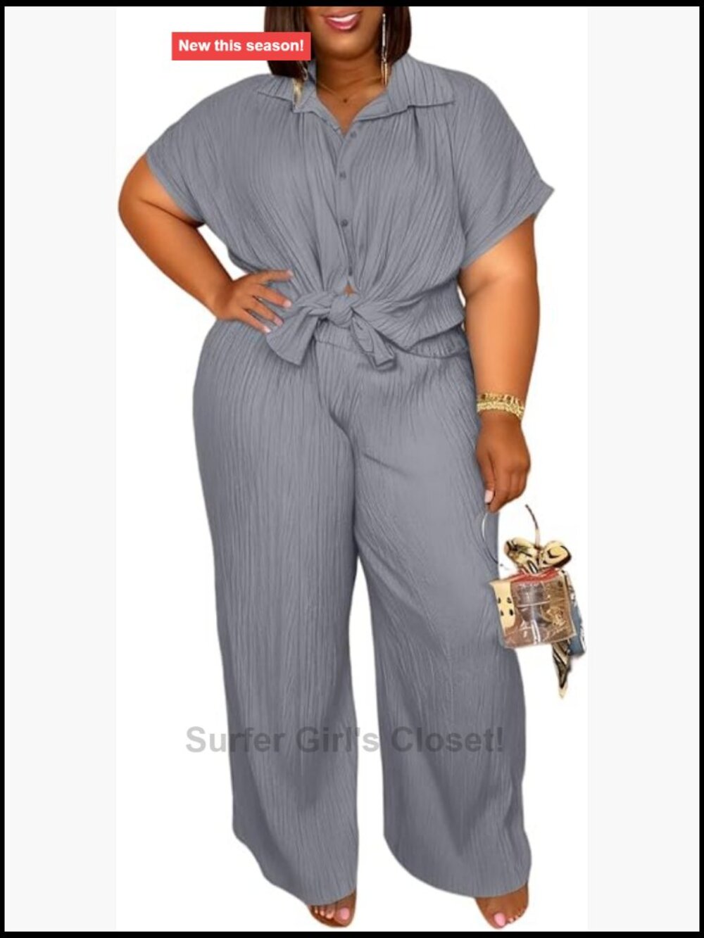 Plus Size Lounge Set - Button Down Top & Wide Leg Pants